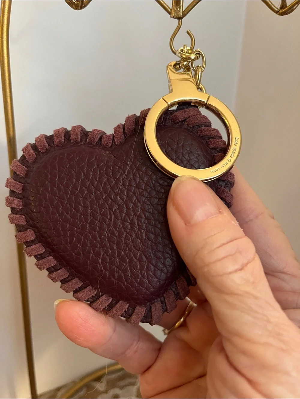kate spade Burgundy Heart Leather Key Ring with Gold Hardware
